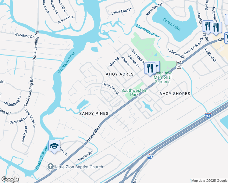 map of restaurants, bars, coffee shops, grocery stores, and more near 3961 Holly Cove Drive in Chesapeake