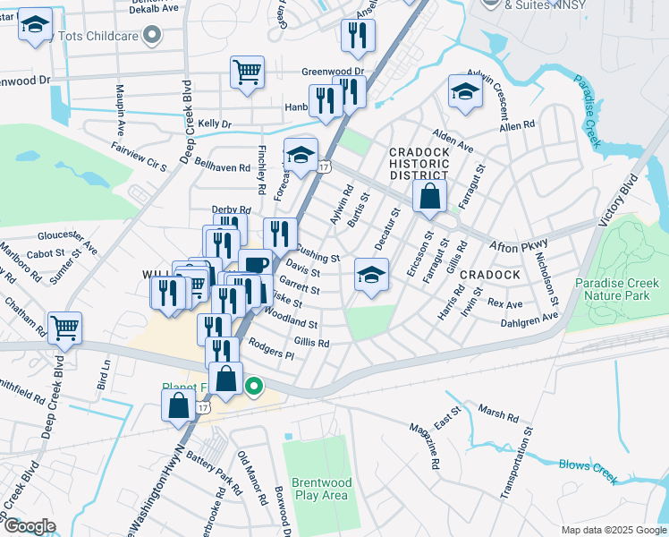 map of restaurants, bars, coffee shops, grocery stores, and more near 4 Frailey Place in Portsmouth
