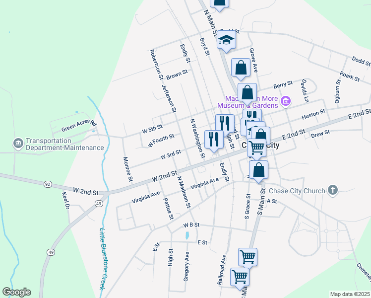 map of restaurants, bars, coffee shops, grocery stores, and more near 301 Jefferson Street in Chase City