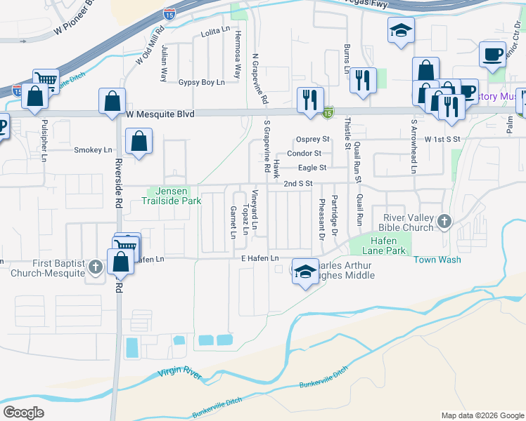 map of restaurants, bars, coffee shops, grocery stores, and more near 269 South Grapevine Road in Mesquite