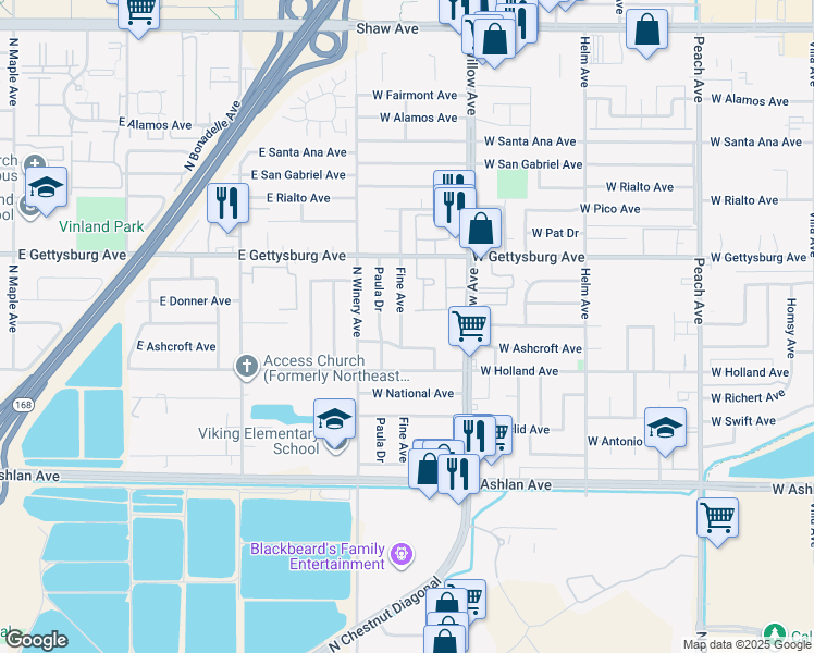 map of restaurants, bars, coffee shops, grocery stores, and more near 2923 Fine Avenue in Clovis