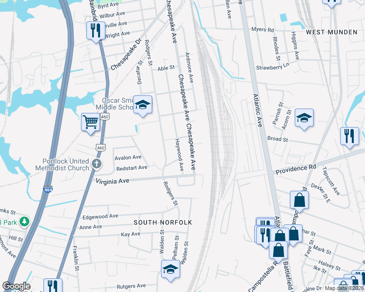 map of restaurants, bars, coffee shops, grocery stores, and more near 1314 Dena Street in Chesapeake