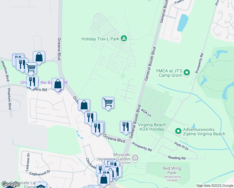 map of restaurants, bars, coffee shops, grocery stores, and more near 1124 Misty Harbor Court in Virginia Beach