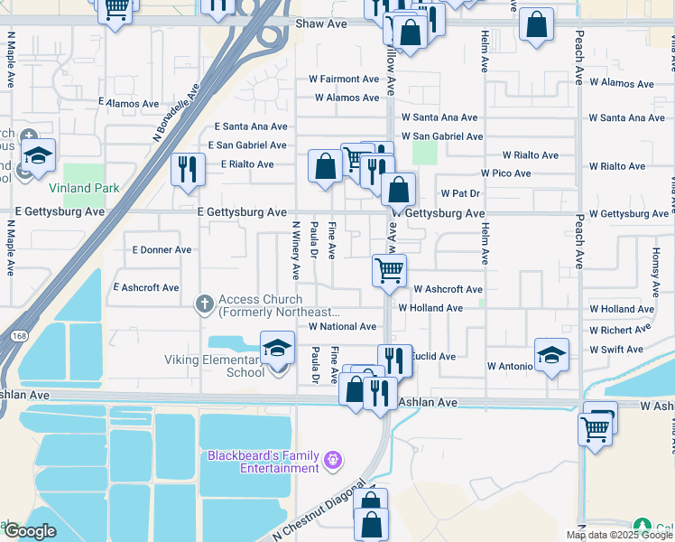 map of restaurants, bars, coffee shops, grocery stores, and more near 2923 Fine Avenue in Clovis