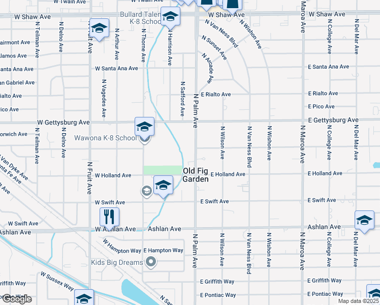 map of restaurants, bars, coffee shops, grocery stores, and more near 4481 North Palm Avenue in Fresno