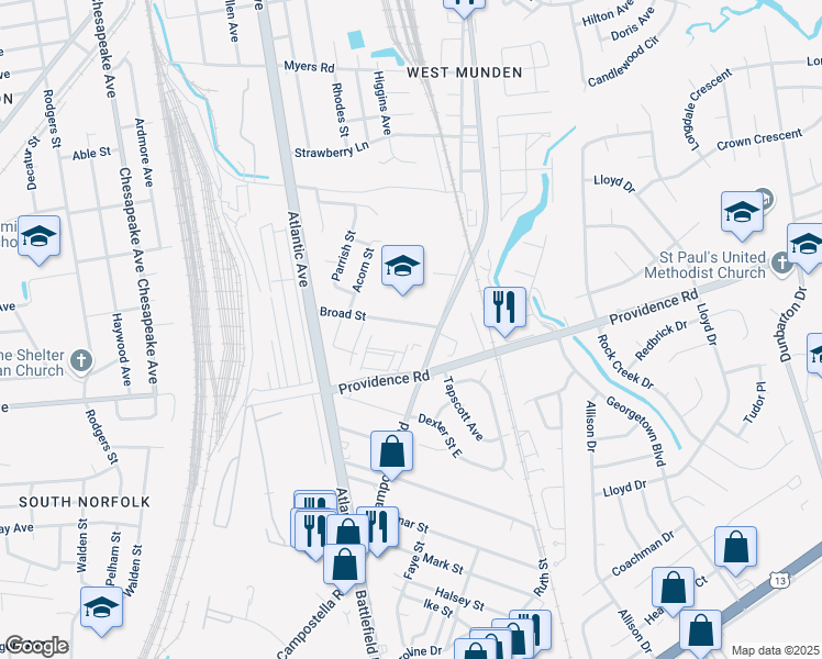 map of restaurants, bars, coffee shops, grocery stores, and more near 2602 Broad Street in Chesapeake