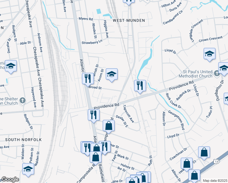 map of restaurants, bars, coffee shops, grocery stores, and more near 2602 Broad Street in Chesapeake