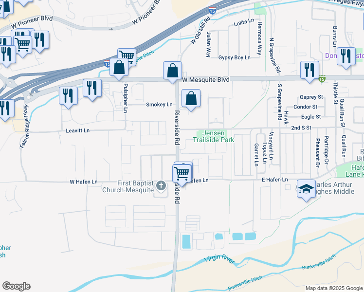 map of restaurants, bars, coffee shops, grocery stores, and more near 260 Riverside Road in Mesquite