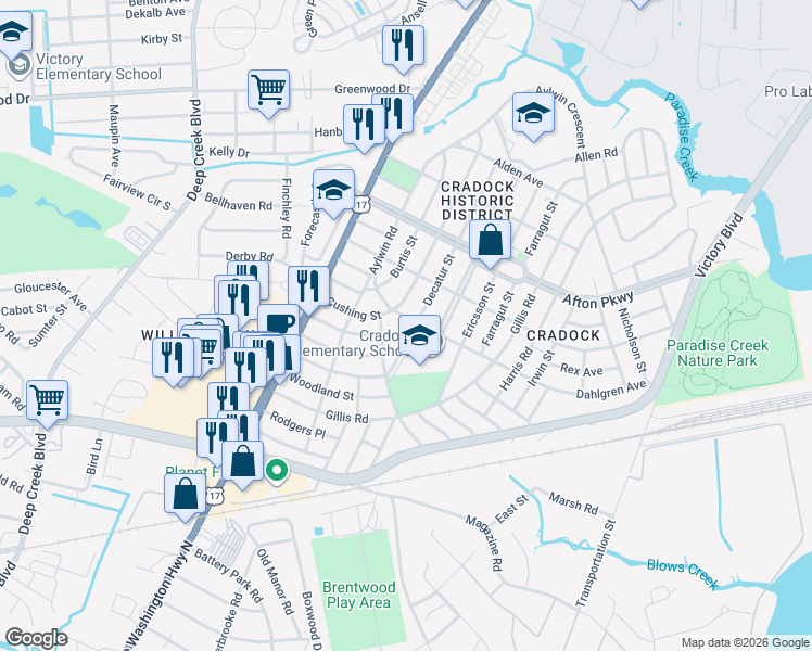 map of restaurants, bars, coffee shops, grocery stores, and more near 84 Decatur Street in Portsmouth