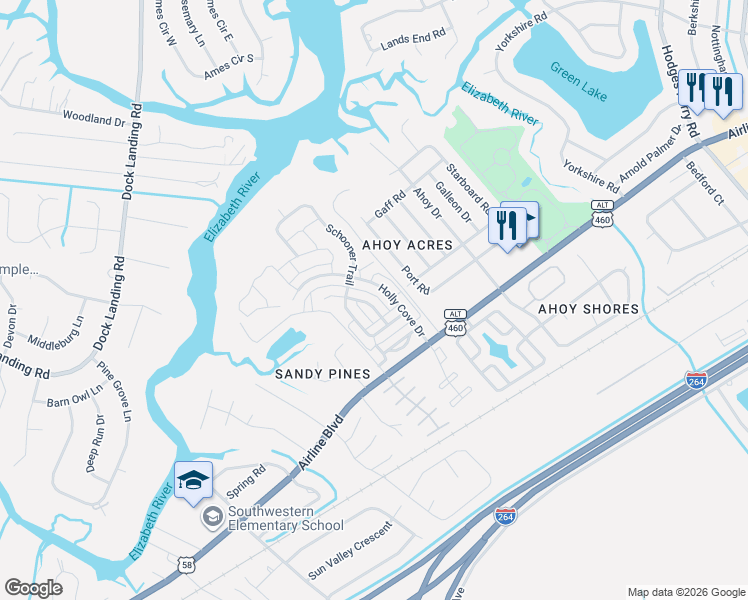 map of restaurants, bars, coffee shops, grocery stores, and more near 4016 Holly Cove Drive in Chesapeake