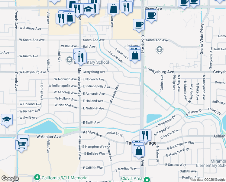 map of restaurants, bars, coffee shops, grocery stores, and more near 4491 North Dewitt Avenue in Fresno