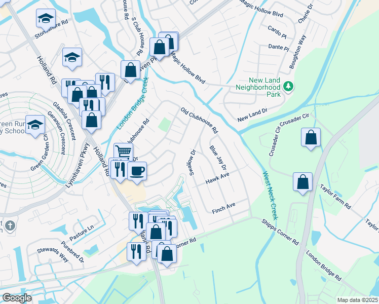 map of restaurants, bars, coffee shops, grocery stores, and more near 1233 Swallow Drive in Virginia Beach