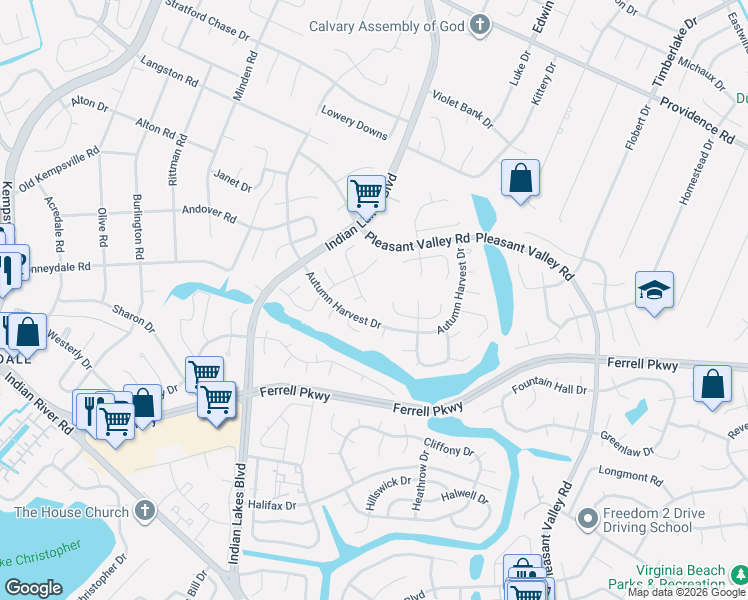 map of restaurants, bars, coffee shops, grocery stores, and more near 1280 Christian Court in Virginia Beach