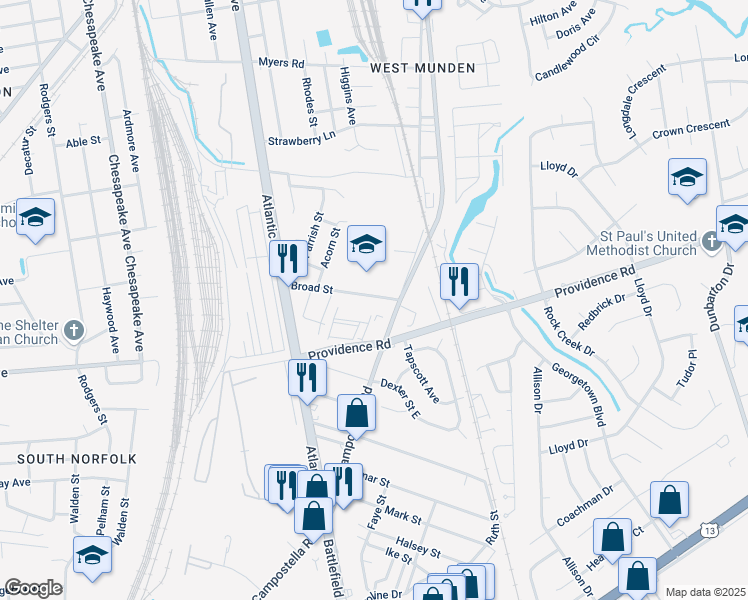map of restaurants, bars, coffee shops, grocery stores, and more near 2602 Broad Street in Chesapeake