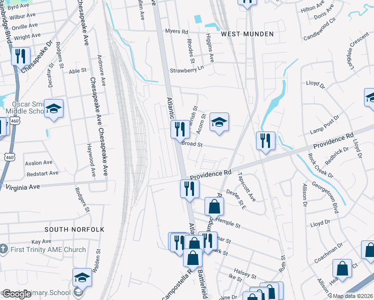map of restaurants, bars, coffee shops, grocery stores, and more near 2314 Broad Street in Chesapeake