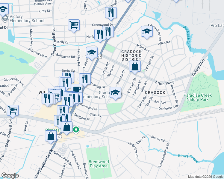 map of restaurants, bars, coffee shops, grocery stores, and more near 84 Decatur Street in Portsmouth