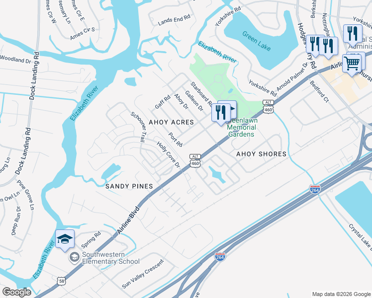 map of restaurants, bars, coffee shops, grocery stores, and more near 3932 Port Road in Chesapeake