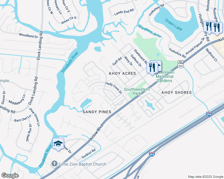 map of restaurants, bars, coffee shops, grocery stores, and more near 4036 Sloop Trail in Chesapeake