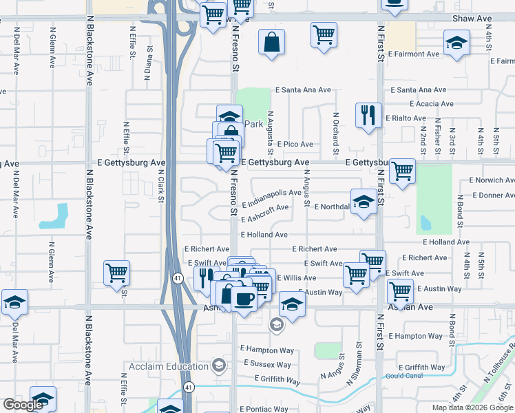 map of restaurants, bars, coffee shops, grocery stores, and more near 2544 East Indianapolis Avenue in Fresno