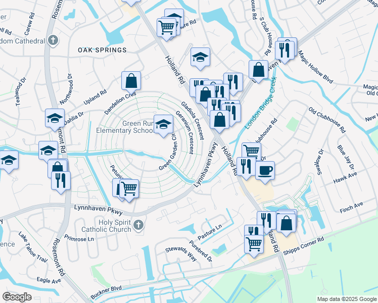 map of restaurants, bars, coffee shops, grocery stores, and more near 1233 Geranium Crescent in Virginia Beach