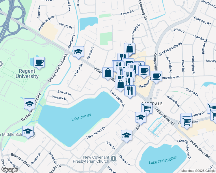 map of restaurants, bars, coffee shops, grocery stores, and more near 1288 Belvoir Lane in Virginia Beach