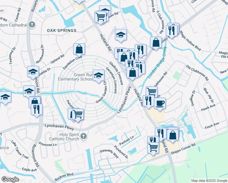 map of restaurants, bars, coffee shops, grocery stores, and more near 1233 Geranium Crescent in Virginia Beach