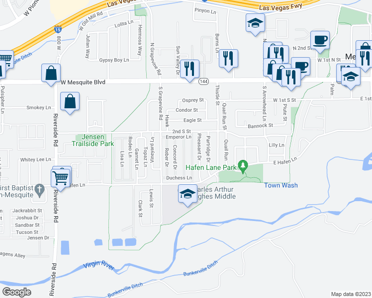 map of restaurants, bars, coffee shops, grocery stores, and more near 262 Muscat Drive in Mesquite