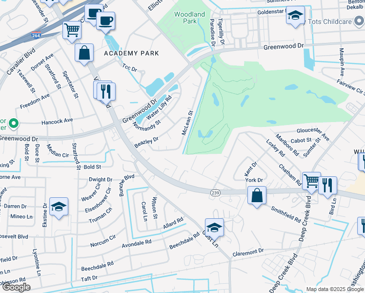 map of restaurants, bars, coffee shops, grocery stores, and more near 621 McLean Street in Portsmouth