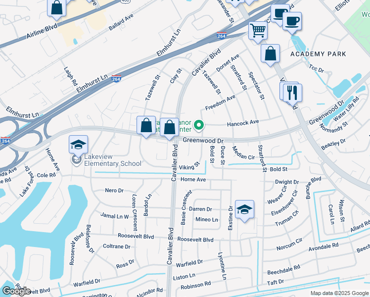 map of restaurants, bars, coffee shops, grocery stores, and more near 3 Langley Circle in Portsmouth