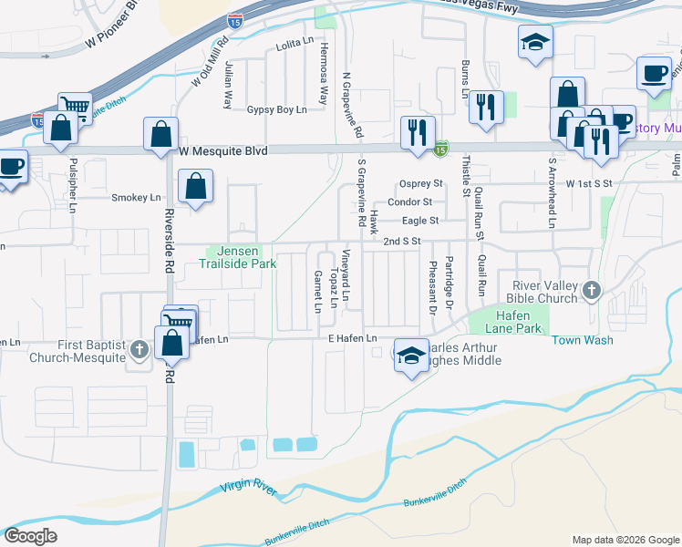 map of restaurants, bars, coffee shops, grocery stores, and more near 257 Vineyard Lane in Mesquite