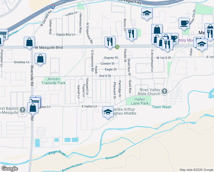 map of restaurants, bars, coffee shops, grocery stores, and more near 262 Muscat Drive in Mesquite