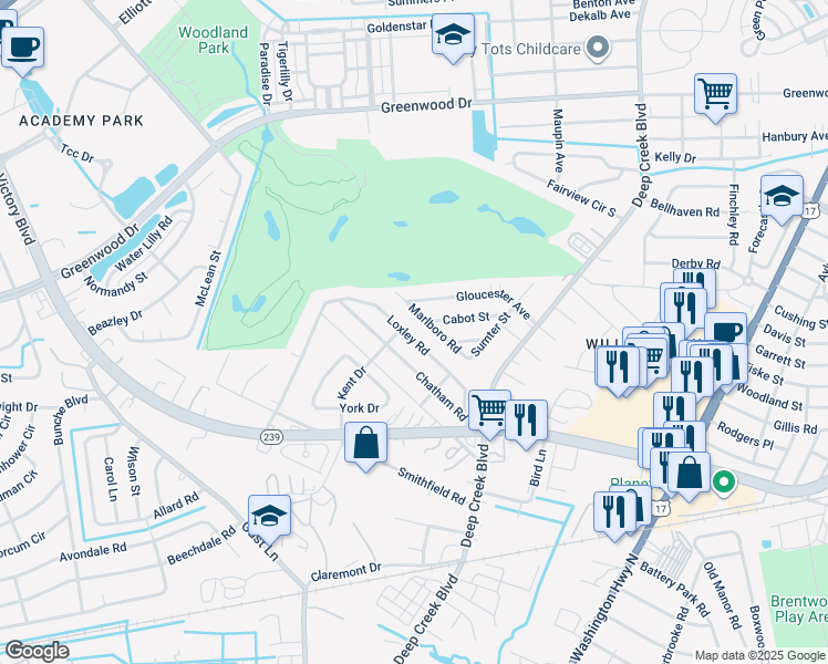 map of restaurants, bars, coffee shops, grocery stores, and more near 203 Marlboro Road in Portsmouth