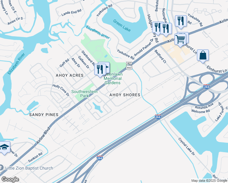 map of restaurants, bars, coffee shops, grocery stores, and more near 3915 Rex Circle in Chesapeake