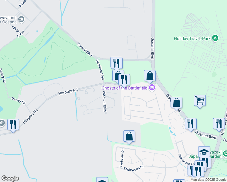 map of restaurants, bars, coffee shops, grocery stores, and more near 1453 Gate Tree Court in Virginia Beach
