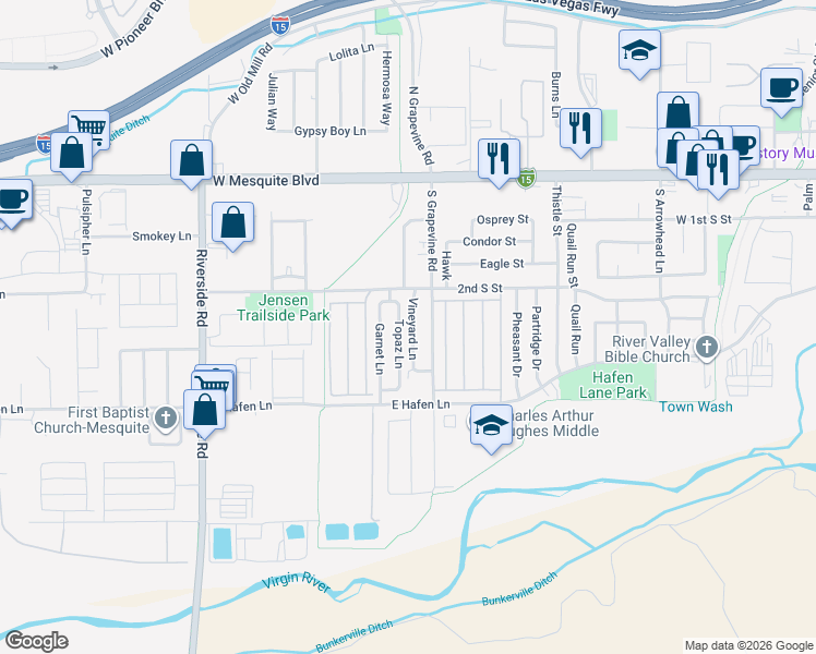 map of restaurants, bars, coffee shops, grocery stores, and more near 257 Vineyard Lane in Mesquite