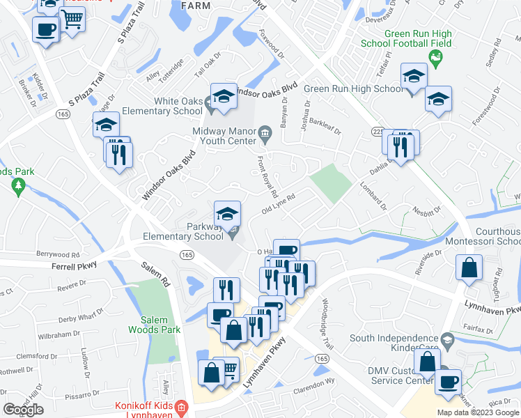 map of restaurants, bars, coffee shops, grocery stores, and more near 4214 Old Lyne Road in Virginia Beach
