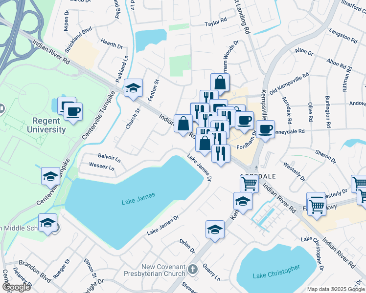 map of restaurants, bars, coffee shops, grocery stores, and more near 1288 Belvoir Lane in Virginia Beach