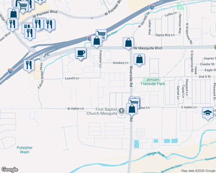map of restaurants, bars, coffee shops, grocery stores, and more near 259 San Juan Lane in Mesquite