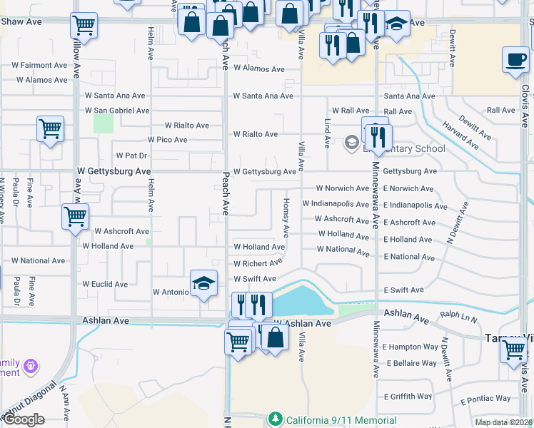 map of restaurants, bars, coffee shops, grocery stores, and more near 2896 Homsy Avenue in Clovis