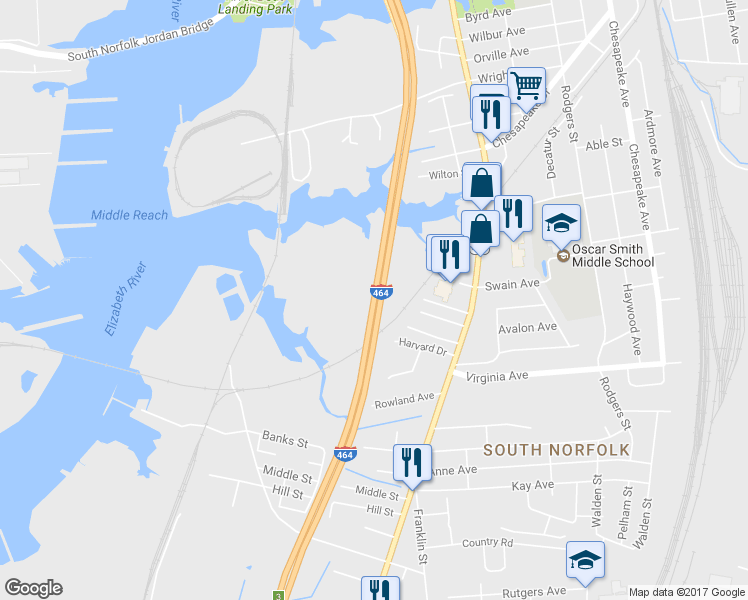 map of restaurants, bars, coffee shops, grocery stores, and more near Interstate 464 in Chesapeake