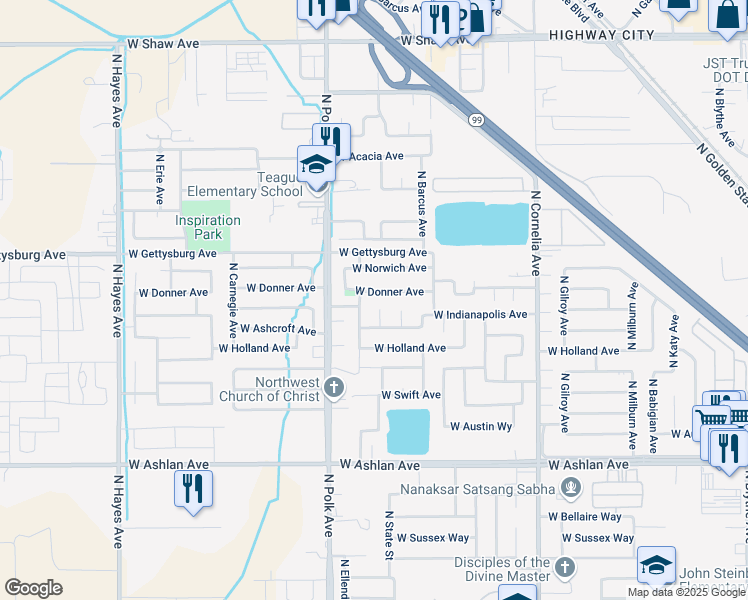 map of restaurants, bars, coffee shops, grocery stores, and more near 5402 West Donner Avenue in Fresno