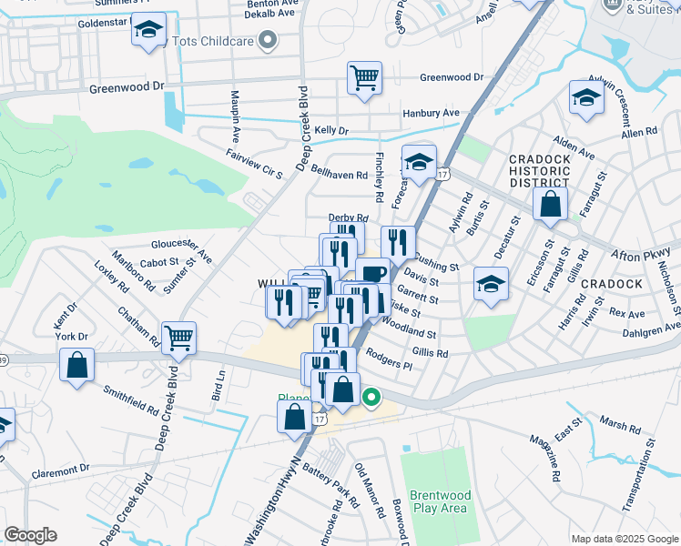 map of restaurants, bars, coffee shops, grocery stores, and more near 4582 George Washington Highway in Portsmouth