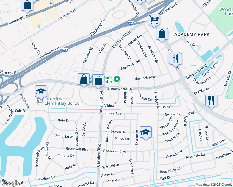 map of restaurants, bars, coffee shops, grocery stores, and more near 3813 Greenwood Drive in Portsmouth