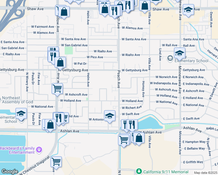 map of restaurants, bars, coffee shops, grocery stores, and more near 2957 Terry Ave in Clovis