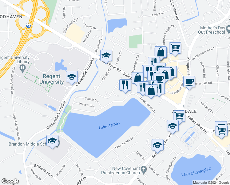 map of restaurants, bars, coffee shops, grocery stores, and more near 5528 Brittingham Court in Virginia Beach