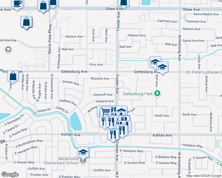 map of restaurants, bars, coffee shops, grocery stores, and more near 1765 Donner Avenue in Clovis