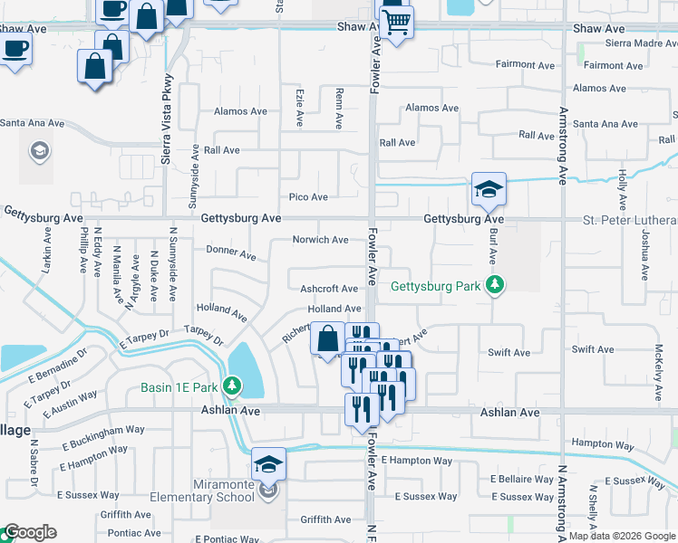 map of restaurants, bars, coffee shops, grocery stores, and more near 1765 Donner Avenue in Clovis