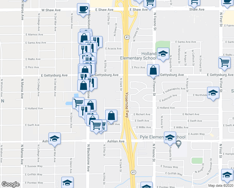 map of restaurants, bars, coffee shops, grocery stores, and more near 2014 East Indianapolis Avenue in Fresno