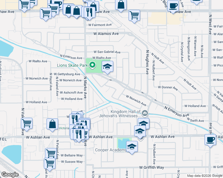 map of restaurants, bars, coffee shops, grocery stores, and more near 2638 West Norwich Avenue in Fresno