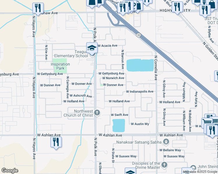 map of restaurants, bars, coffee shops, grocery stores, and more near 5402 West Donner Avenue in Fresno